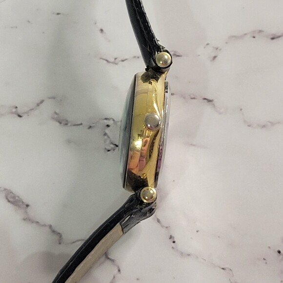 I.D. Titanium Vintage gold tone turquoise face black leather band watch - Picture 9 of 12